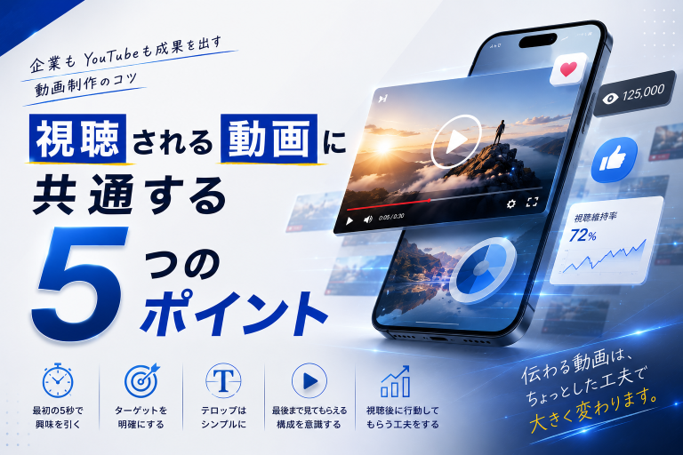 スマートフォンに表示された動画と視聴データによる動画分析のイメージ