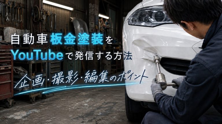 使い込まれた自動車板金塗装工場で、スタッフが白い車のへこんだバンパーを修理している様子