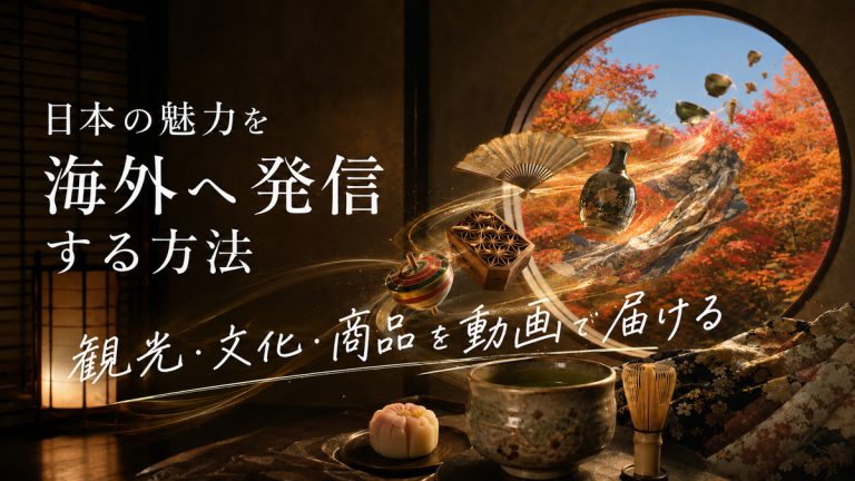 丸窓のある和室から、着物、扇子、陶器、和菓子などの日本文化や商品が紅葉の景色へ向かって広がる、「日本の魅力を海外へ発信する方法」のアイキャッチ画像