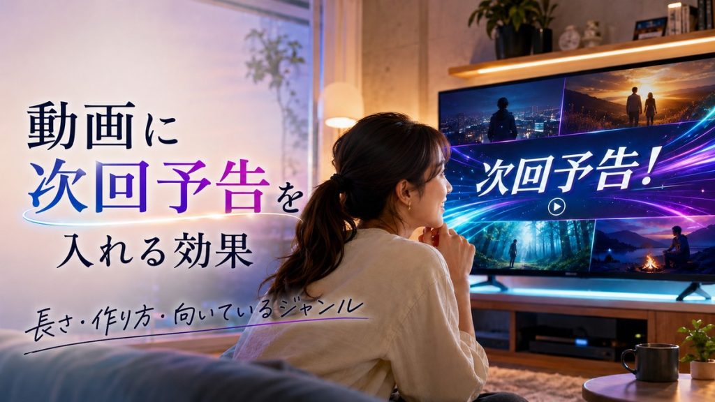 モニターに表示された「次回予告！」を楽しそうに見る女性と、「動画に次回予告を入れる効果」の文字が入ったアイキャッチ画像