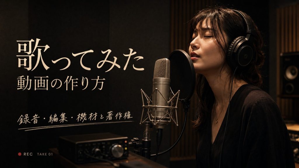 暗いレコーディングスタジオでヘッドホンを着け、ポップガード付きマイクへ歌う女性と「歌ってみた動画の作り方」の文字が入ったアイキャッチ画像