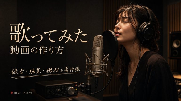 暗いレコーディングスタジオでヘッドホンを着け、ポップガード付きマイクへ歌う女性と「歌ってみた動画の作り方」の文字が入ったアイキャッチ画像