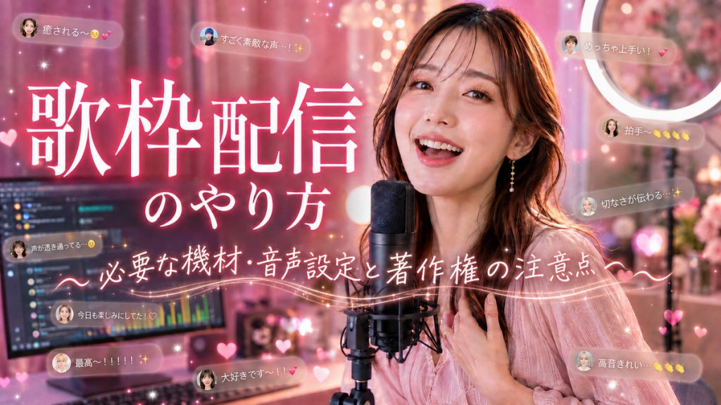 ピンク色の配信部屋でマイクに向かって歌う女性と、周囲を流れる視聴者コメントを描いた歌枠配信のアイキャッチ画像