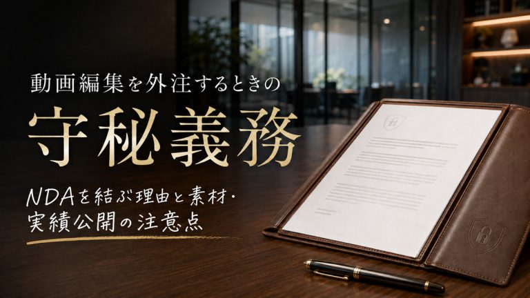 モダンな事務所のテーブルに置かれた白い契約書と茶色い革製バインダーを描いた、動画編集外注時の守秘義務を解説するアイキャッチ画像