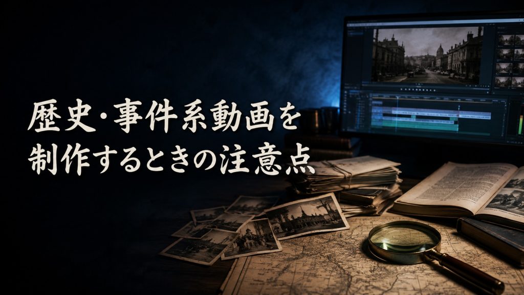歴史資料や古い写真を確認しながら歴史・事件系動画を編集する画面