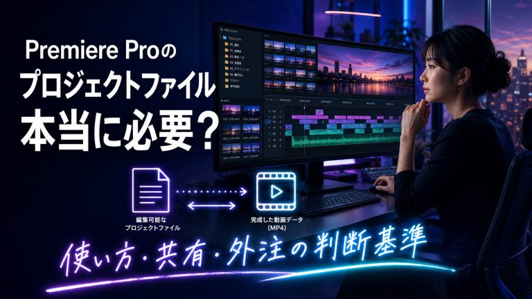 Premiere Proのプロジェクトファイルは本当に必要かをテーマに、編集画面と編集データ・完成動画の違いを紹介するアイキャッチ画像