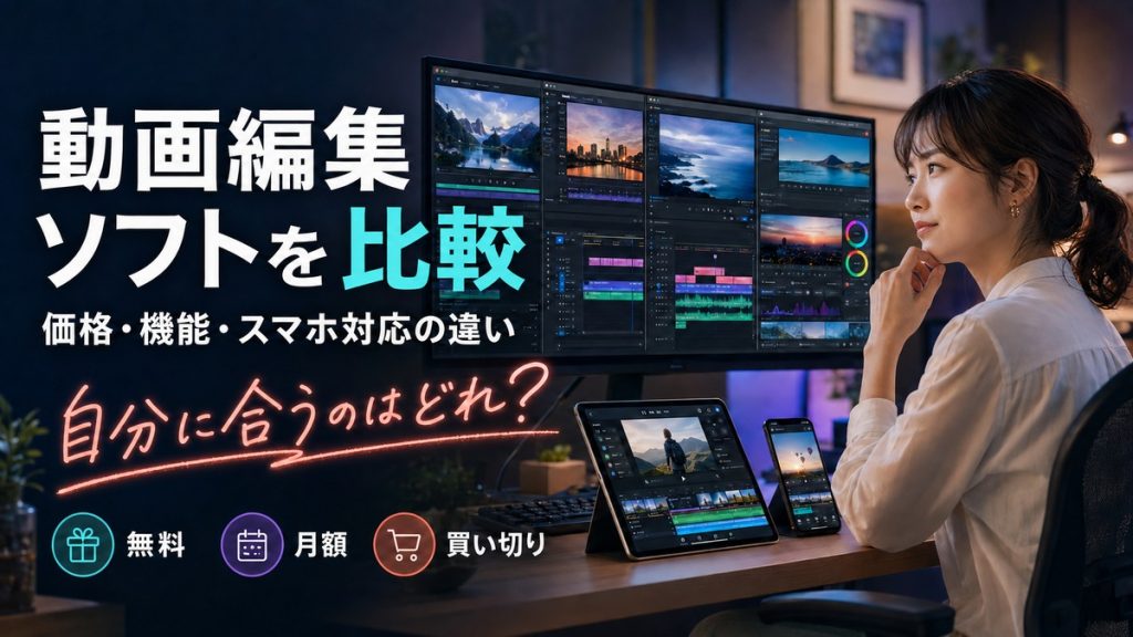 複数の動画編集ソフトをパソコン・タブレット・スマートフォンで比較する女性