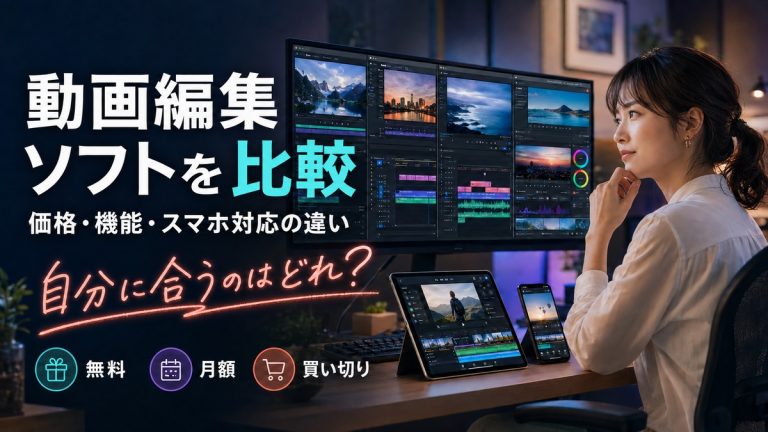複数の動画編集ソフトをパソコン・タブレット・スマートフォンで比較する女性