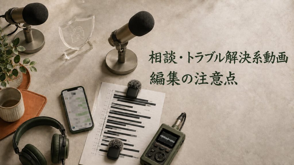 相談・トラブル解決系動画の編集に使用するワイヤレスマイクとモザイク処理されたスマートフォン