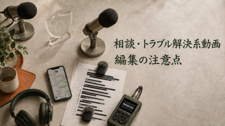相談・トラブル解決系動画の編集に使用するワイヤレスマイクとモザイク処理されたスマートフォン