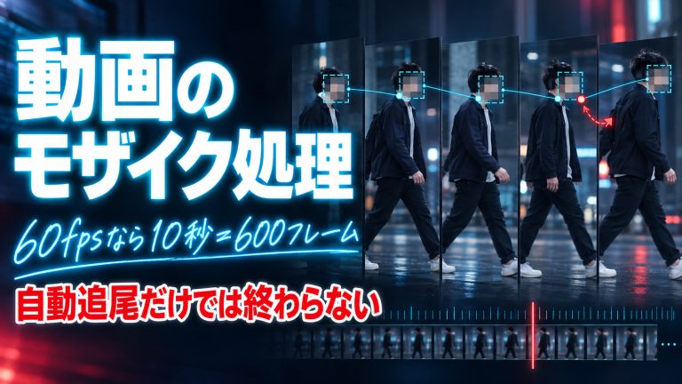 動画のモザイク処理で人物の顔へモザイクを追尾する編集画面