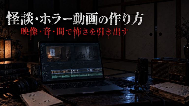 薄暗い和室でホラー動画を編集するパソコンと押し入れの隙間からのぞく青白い顔